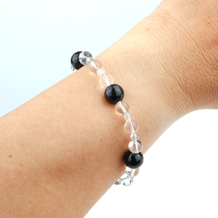 10mm black_tourmaline_with_5mm_and_7.5mmclear_quartz_bracelet for energy protection energy shield minimalist moder natural crystal jewelry