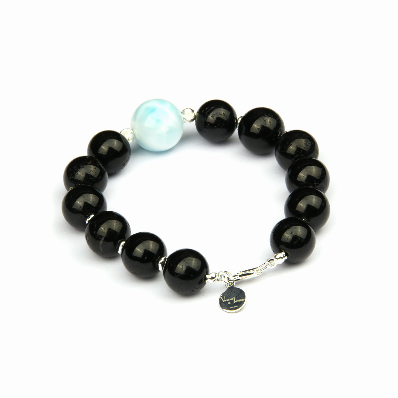 Black Tourmaline & Larimar Ocean Shield S925 Silver Bracelet