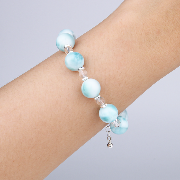 11mm larimar with 8mm clear quartz and s925 silver beads bracelet for ocean energy crystal jewelry