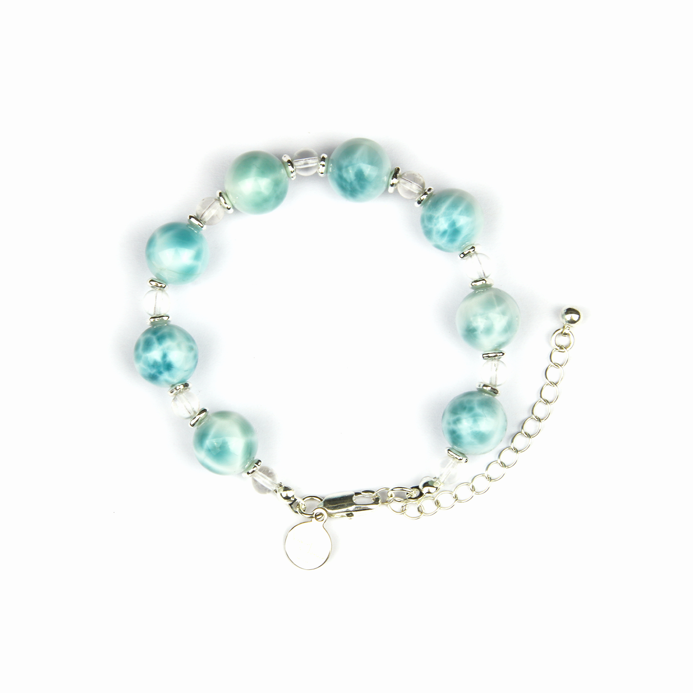 11mm larimar with 8mm clear quartz and s925 silver beads bracelet for ocean energy crystal jewelry
