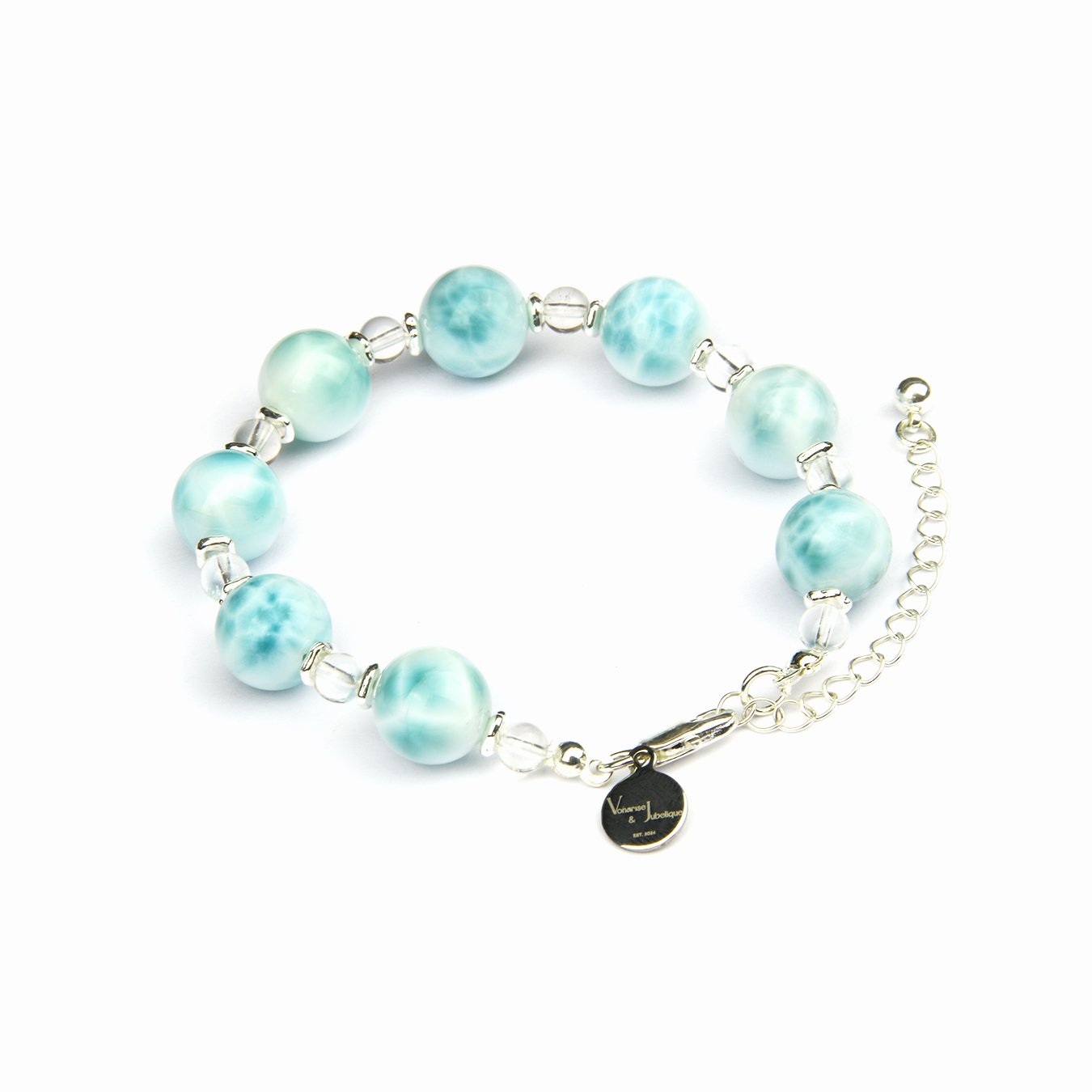 11mm larimar with 8mm clear quartz and s925 silver beads bracelet for ocean energy crystal jewelry