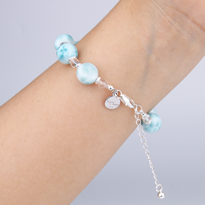 11mm larimar with 8mm clear quartz and s925 silver beads bracelet for ocean energy crystal jewelry