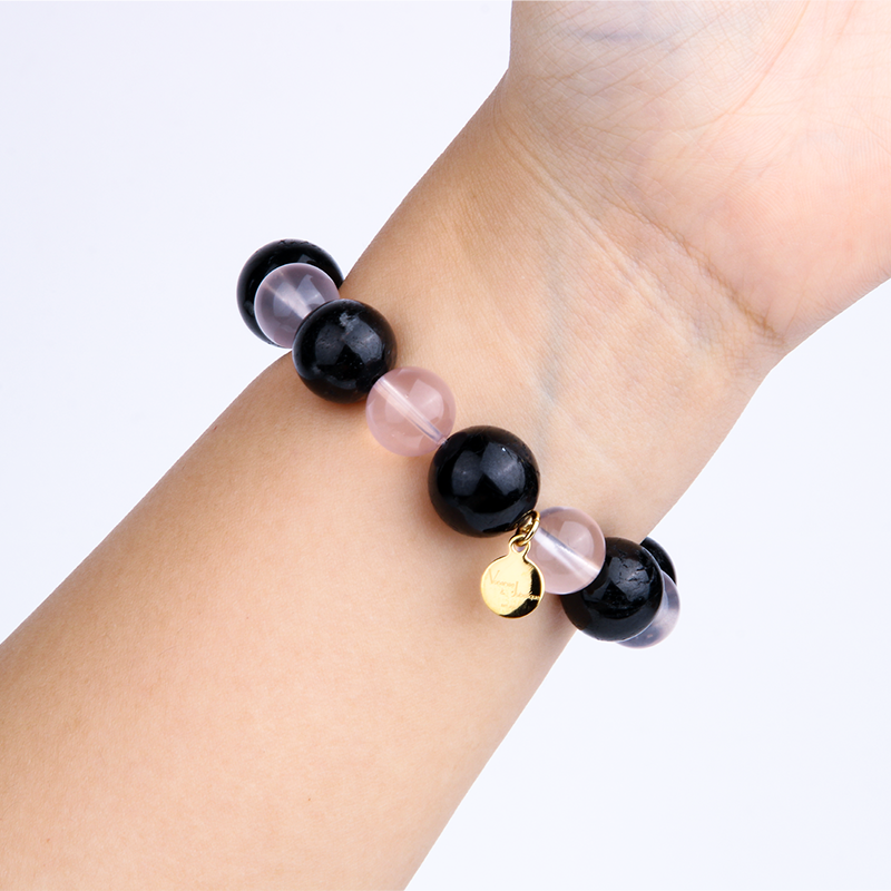starlight rose quartz with black tourmaline crystal beaded bracelet