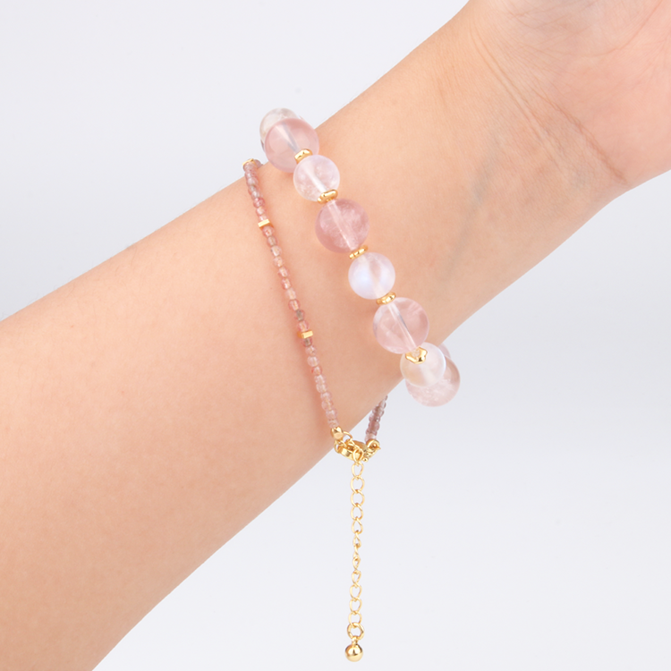 11 mm starlight rose quartz with 9.5 mm blue moonstone and 18k gold raw shape beads bracelet set for women stackable bracelet feminine energy natural crystal jewelry