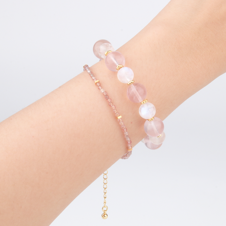 11 mm starlight rose quartz with 9.5 mm blue moonstone and 18k gold raw shape beads bracelet set for women stackable bracelet feminine energy natural crystal jewelry
