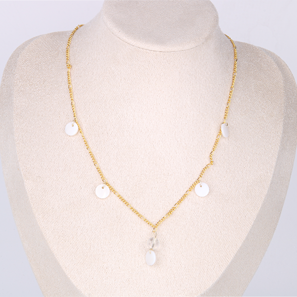 clear quartz with 18k gold chain and mother of pearl minimalist crystal necklace for fashion outfit and energy amplify crystal jewelry