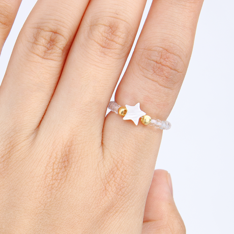 2mm faceted clear quartz with mother of pearl and 18k cats eye threaded beads crystal beaded ring