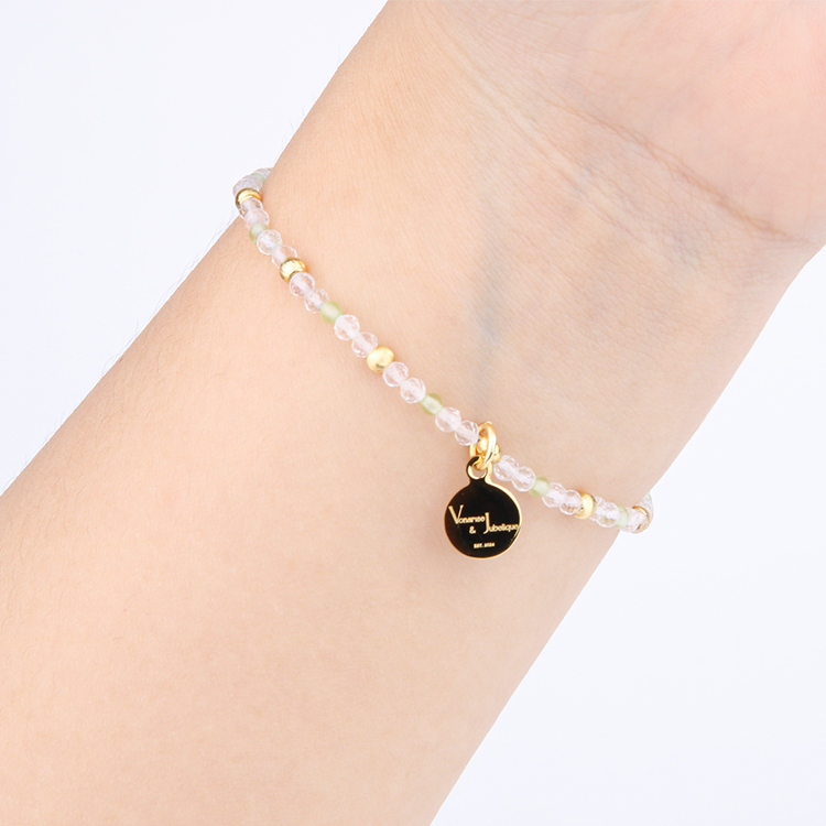 2mm facted clear quartz with 2mm peridot and 18k plated gold cats eye threaded beads dainty delicated crystal bracelet