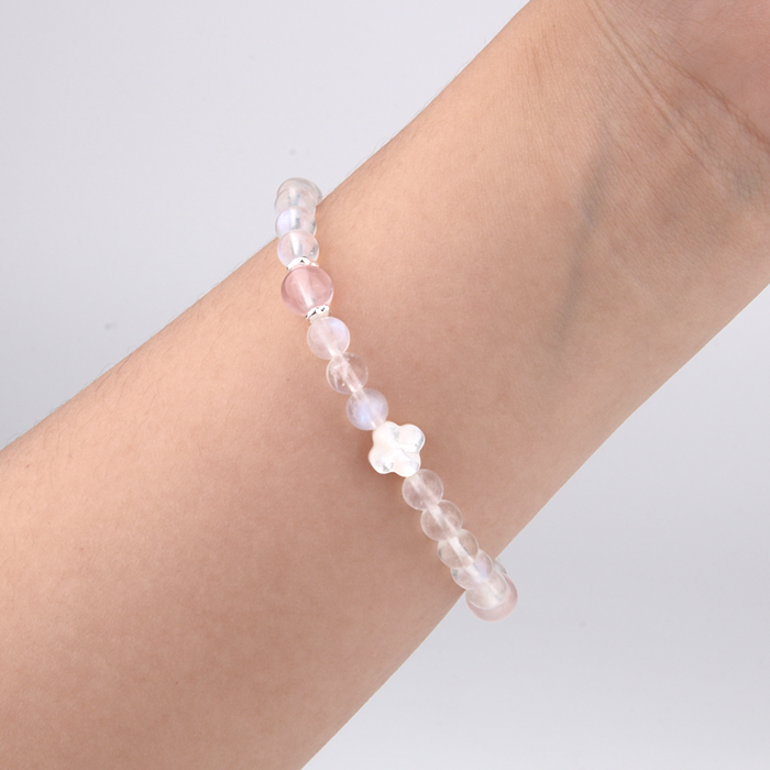 6mm blue moonstone four leaf shape mother of pearl 7mm Starlight rose quartz s925 silver beads bracelet for women elegance chic crystal jewellry