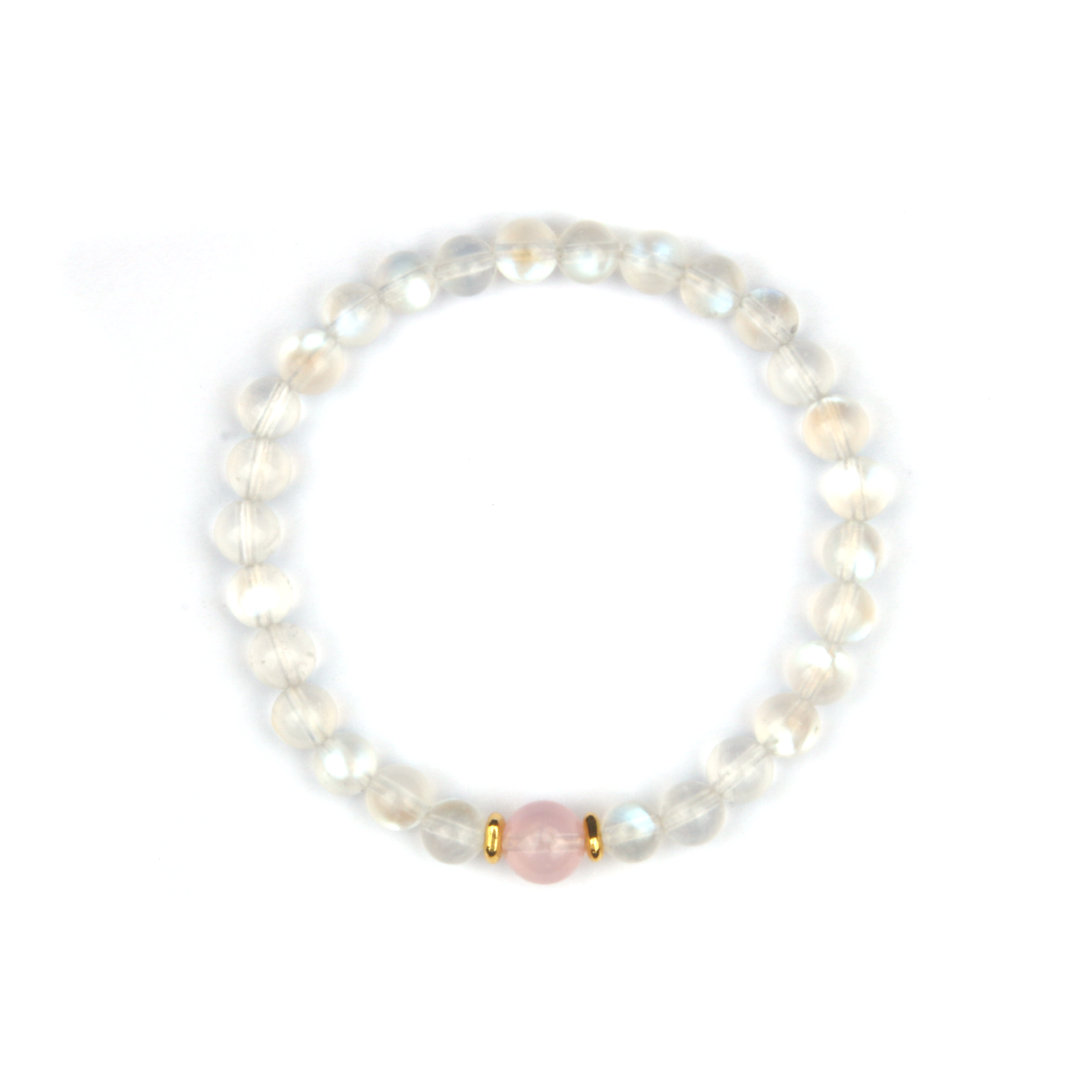 6mm blue moonstone beads with one 7mm starlight rose quartz beads and 18k gold beads bracelet for women elegance minimalist crsytal jewllery