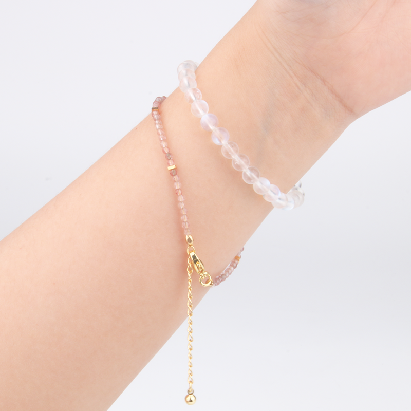 6mm blue moonstone beads with one 7mm starlight rose quartz beads and 18k gold beads bracelet for women elegance minimalist crsytal jewllery