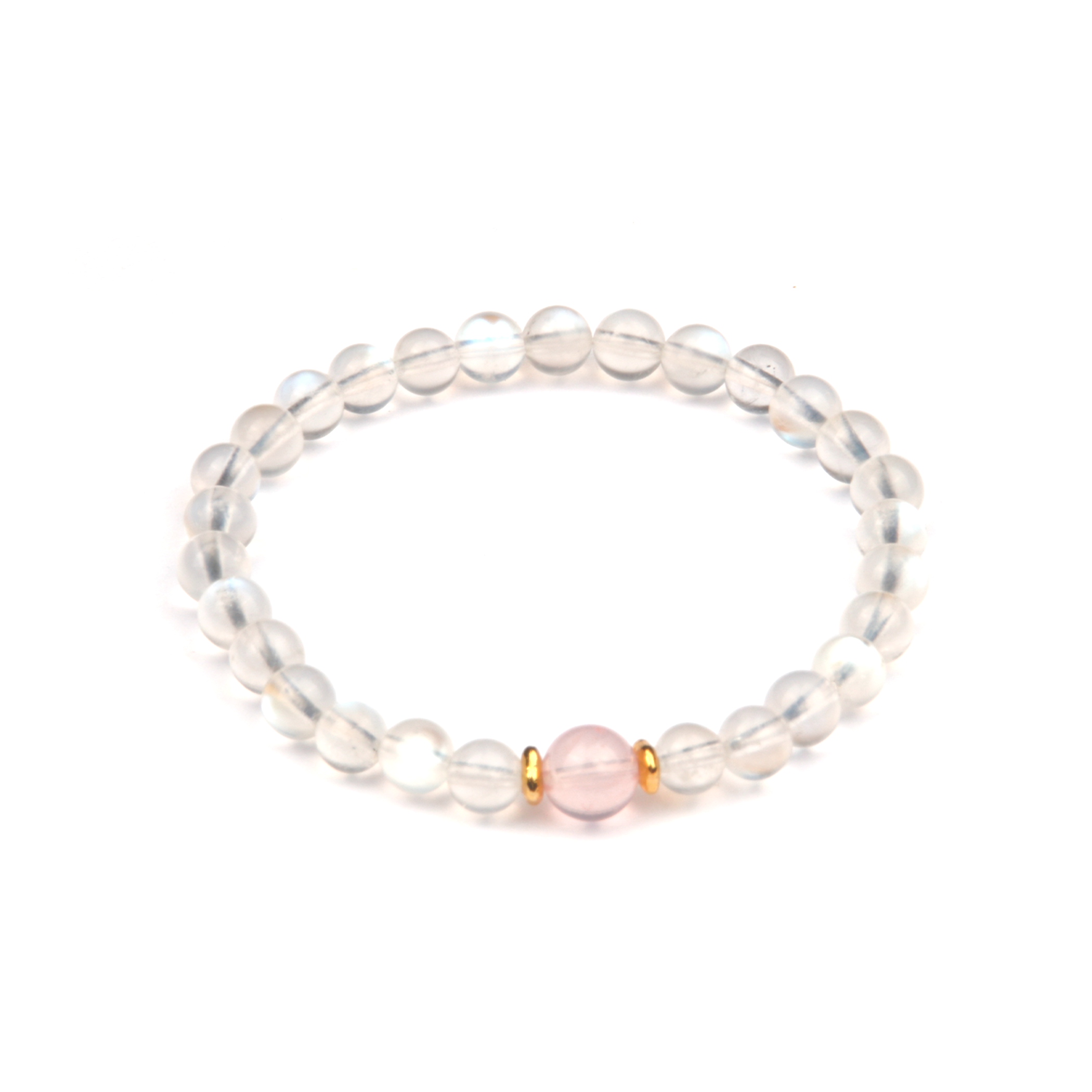 6mm blue moonstone beads with one 7mm starlight rose quartz beads and 18k gold beads bracelet for women elegance minimalist crsytal jewllery