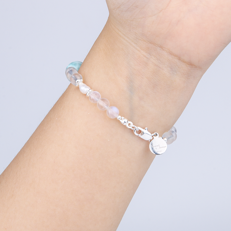 6mm blue moonstone with 11mm larimar and raw shape fresh water pearl and raw shape s925 silver bead bracelet for women gift for girl friend