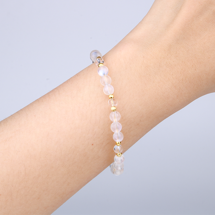 6mm blue moonstone with 5mm clear quartz and 18k gold threaded cat eye bead bracelet for women feminie energy gift for girl friend
