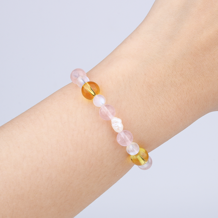 6mm blue moonstone with 8mm citrine and fresh water raw shape pearl and 7mm starlight rose quartz bracelet for women gift for girl friend