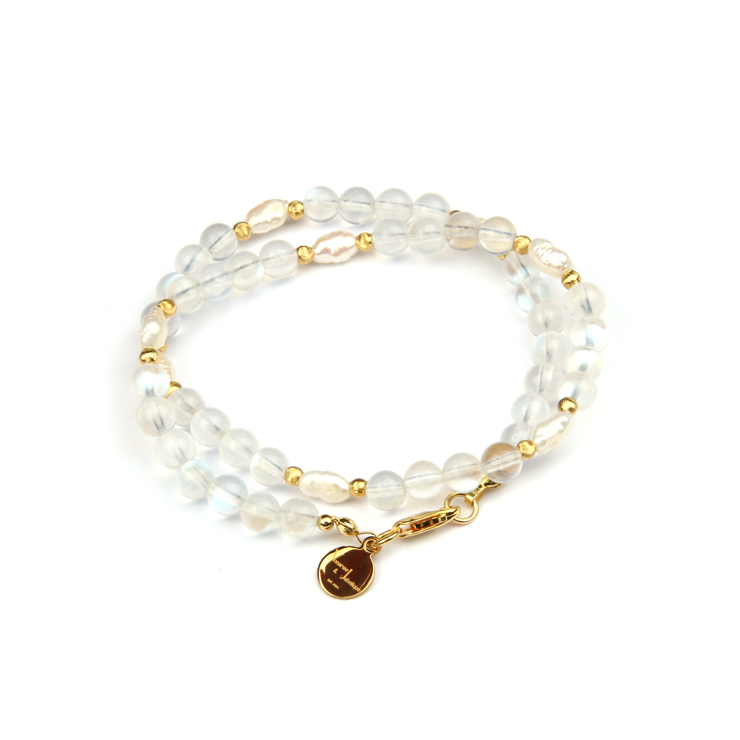 6mm blue moonstone with fresh water pearl and 18k gold cat eye threaded bead dual layered bracelet for women gift for best friend