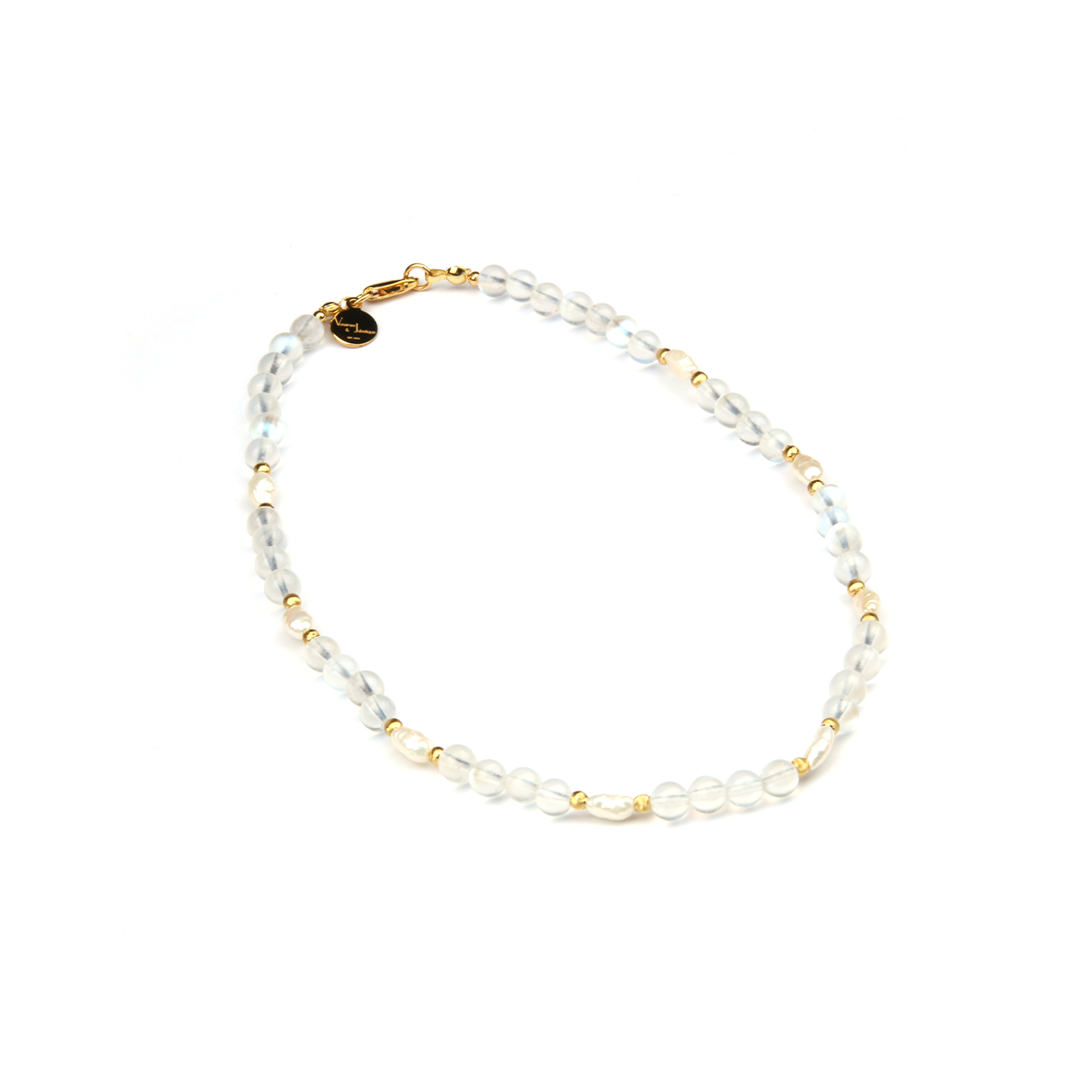 6mm blue moonstone with fresh water pearl and 18k gold cat eye threaded bead dual layered bracelet for women gift for best friend