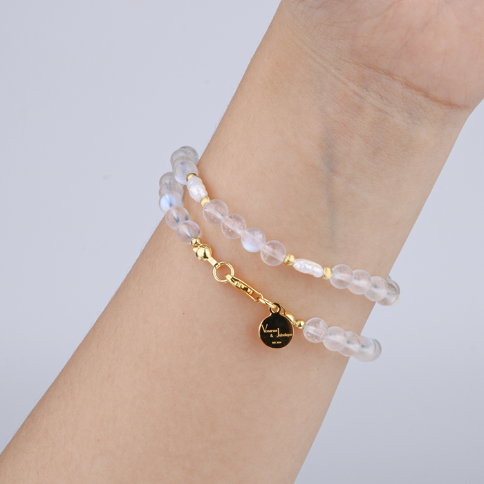 6mm blue moonstone with fresh water pearl and 18k gold cat eye threaded bead dual layered bracelet for women gift for best friend