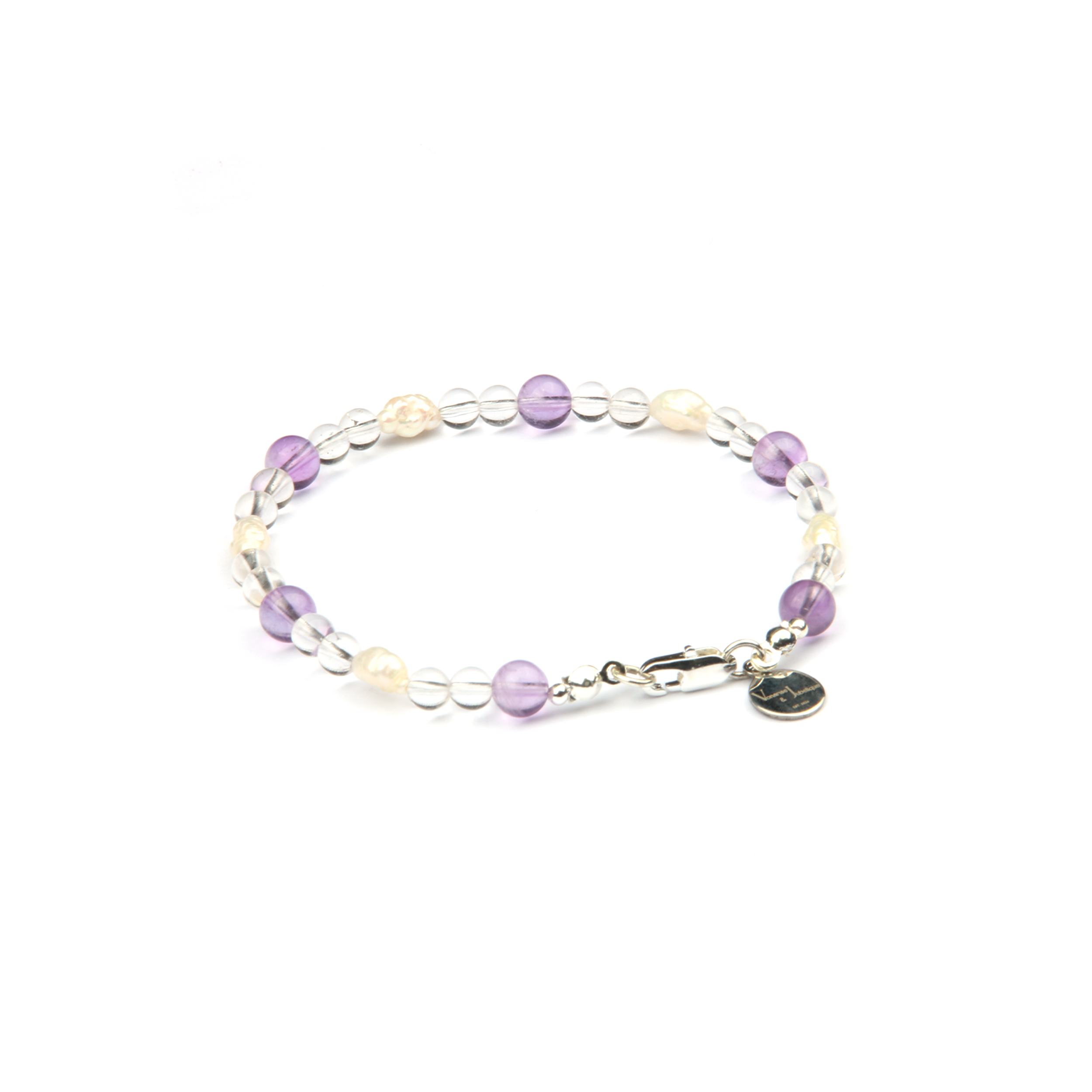 6mm lavender amethyst with fresh water pearl and 5mm clear quartz bracelet