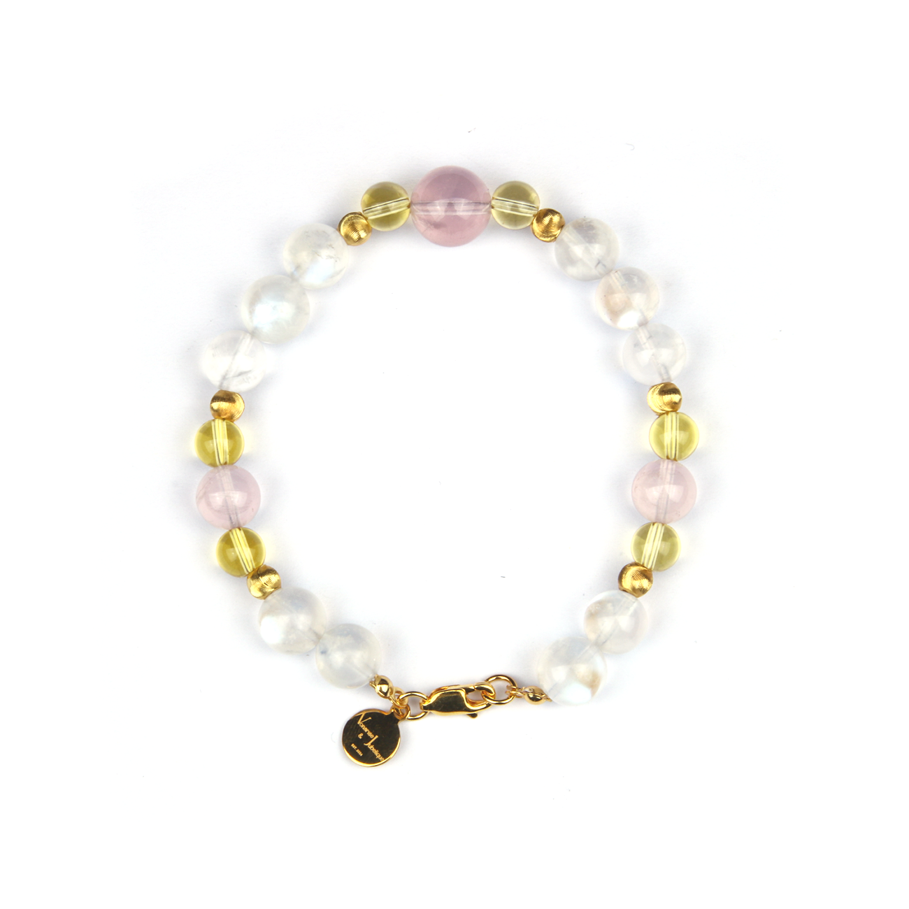 8.5mm blue moonstone with 6mm lemon yellow citrine and 9mm and 11mm starlight rosequartz with 18k gold cat_s eye threaded beads bracelet for women gift for girl friend