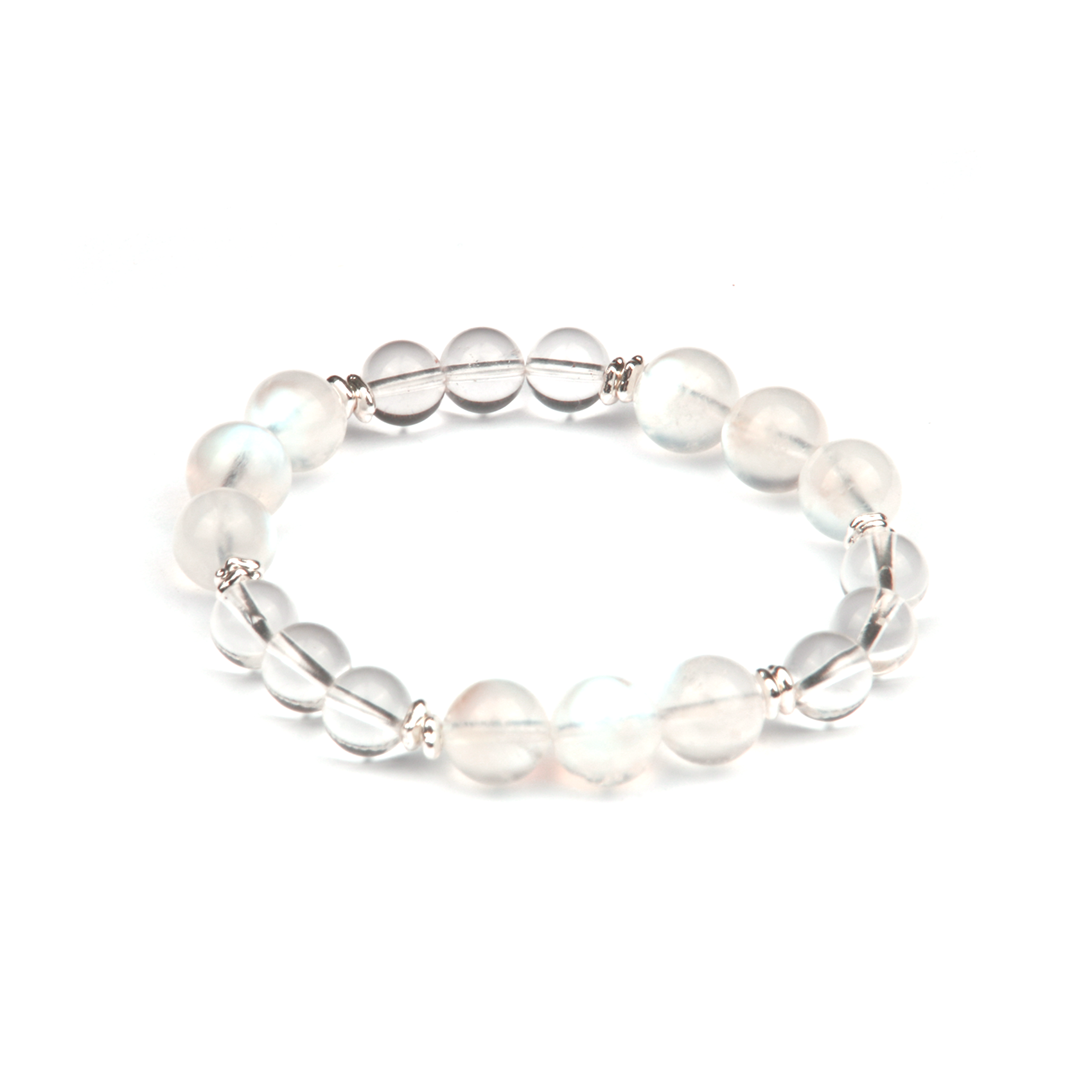 9.5mm_blue_moonstone_beads_with_clear_quartz_and_s925_silver_beads_bracelet for women emotional calm crystal stackable minimalist jewelry