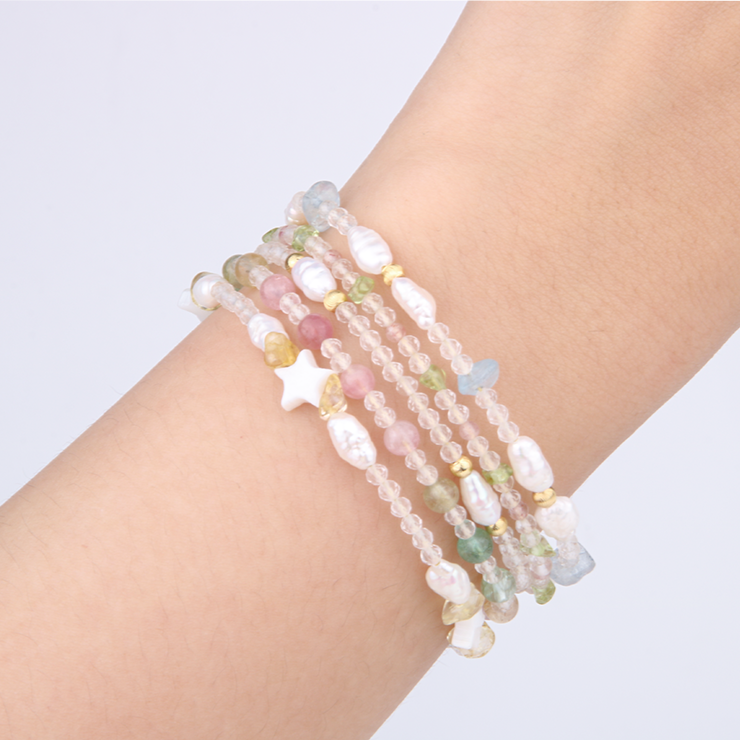 Minimalist extra thin crystal bracelet collection featuring mixed crystals with 2mm faceted clear quartz, 2-5mm overall design