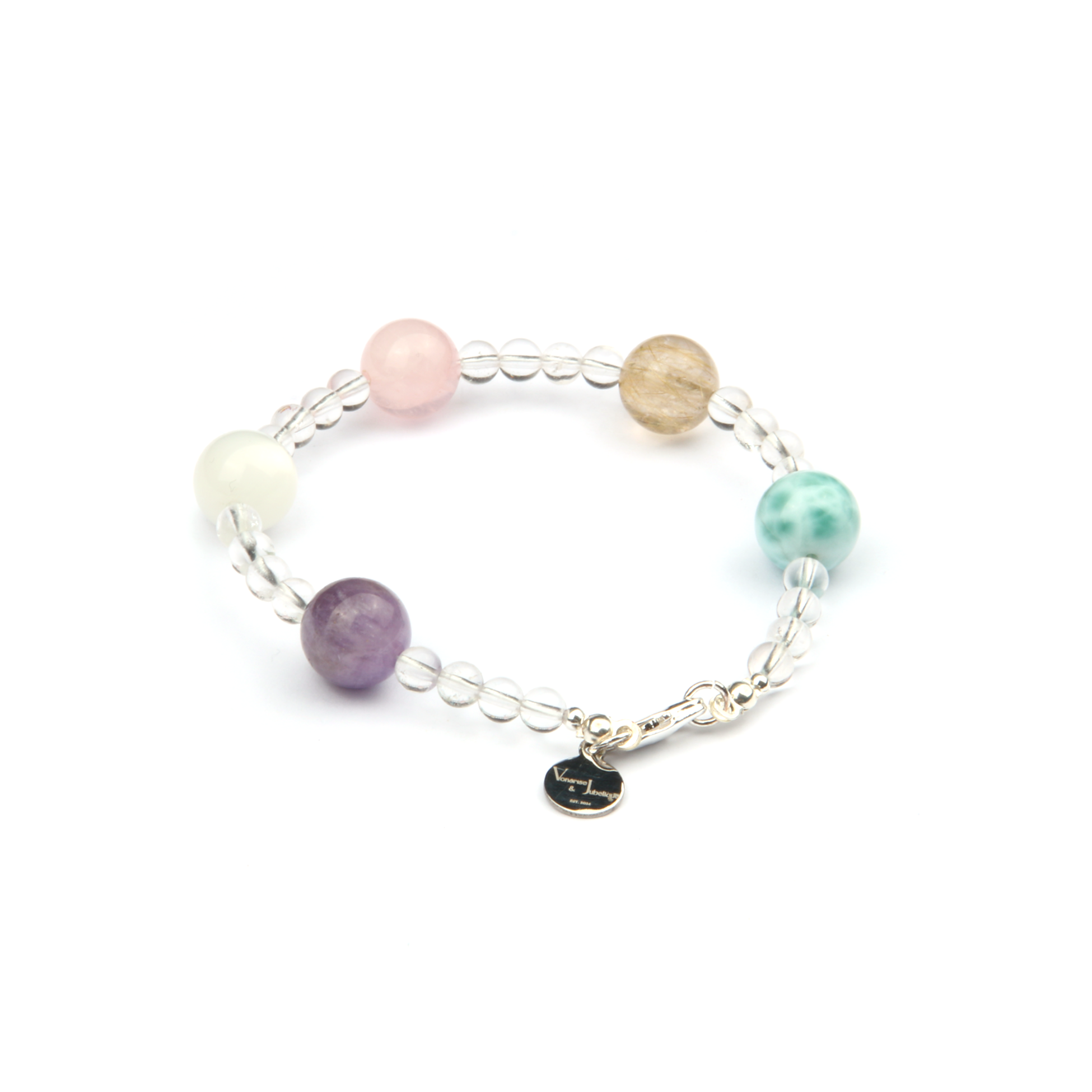 10mm amethyst with white moonstone and rose quartz and rutilated quartz and larimar with 5mm clear quartz bracelet for women gift for best friend