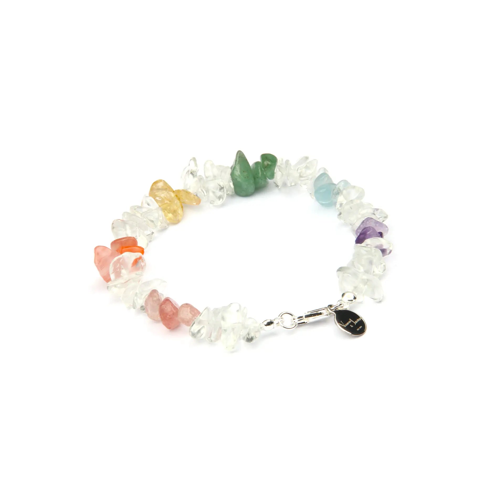 A rainbow gemstone chip bracelet with clear, white, and colored stones in a circular arrangement, featuring a silver lobster clasp and a small black heart charm, on a white background.