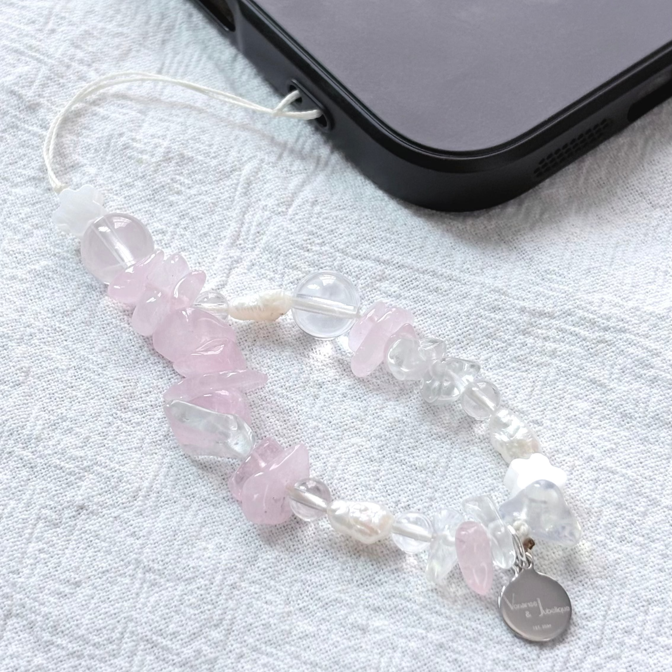 Rose Quartz & Starlight Rose Quartz & Clear quartz & Opal Lunar Love Charm Strap