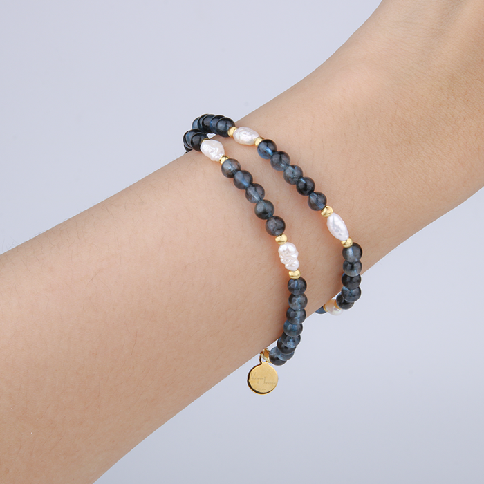 aquamarine with fresh water pearl and 18k gold cat eye threaded bead dual layered bracelet for women gift for best friend
