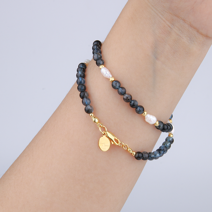 aquamarine with fresh water pearl and 18k gold cat eye threaded bead dual layered bracelet for women gift for best friend