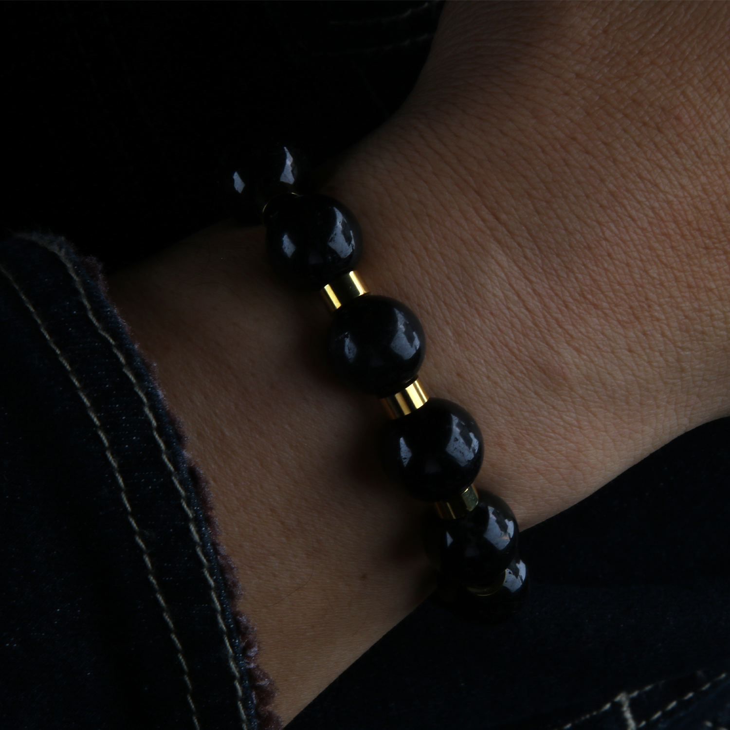 black tourmaline and stainless steel accent bracelet energy protection crystal jewelry