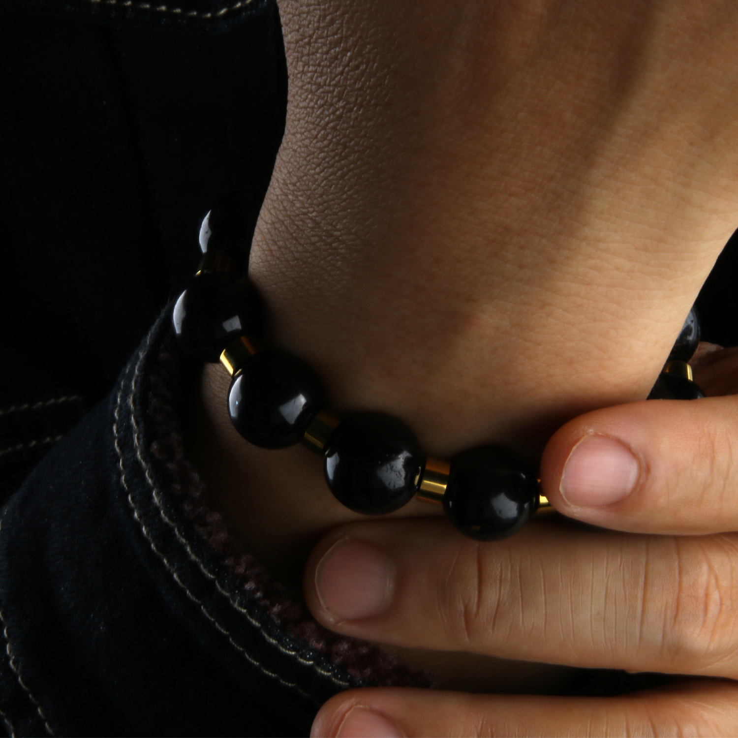 black tourmaline and stainless steel accent bracelet energy protection crystal jewelry