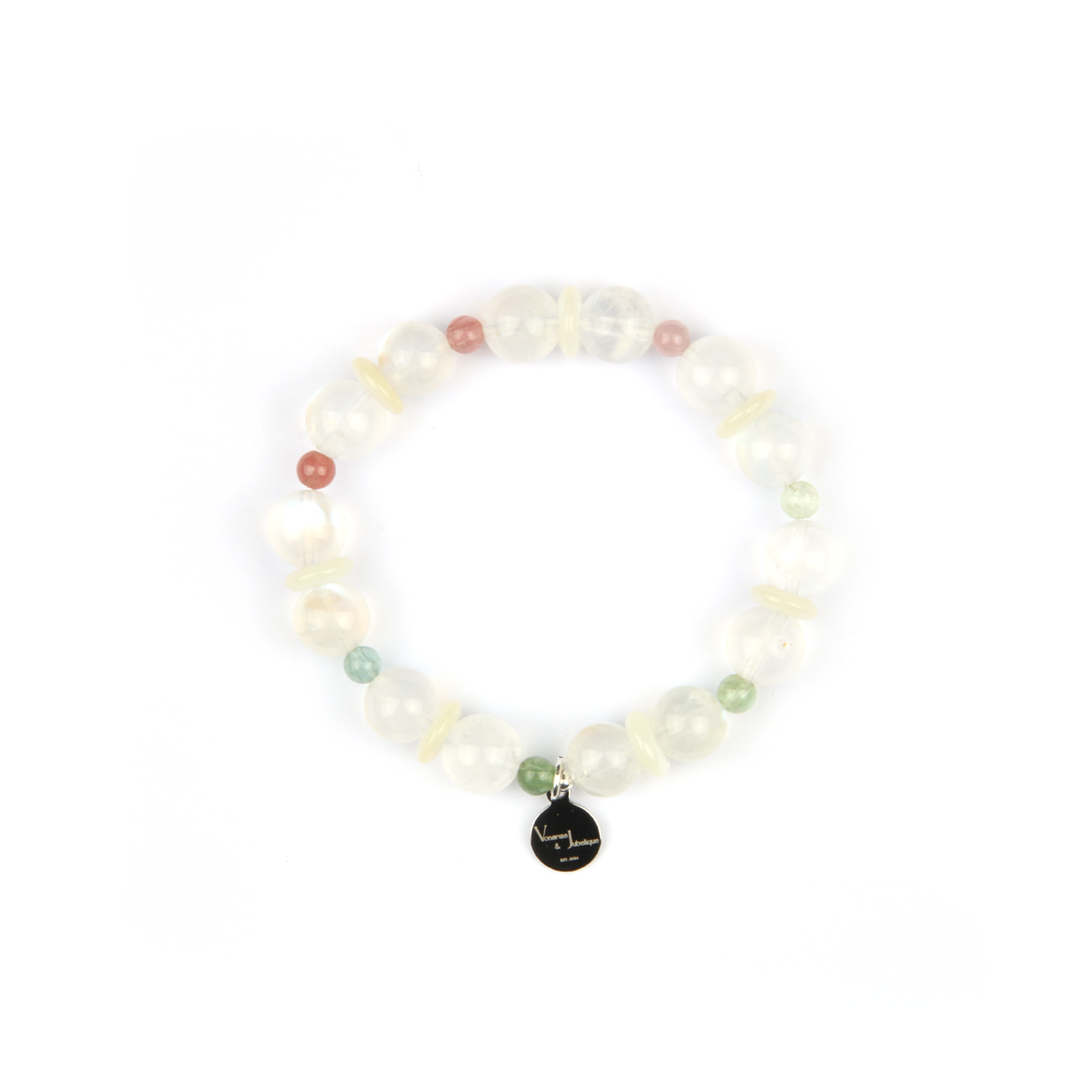 blue moonstone with rainbow tourmaline crystal bracelet