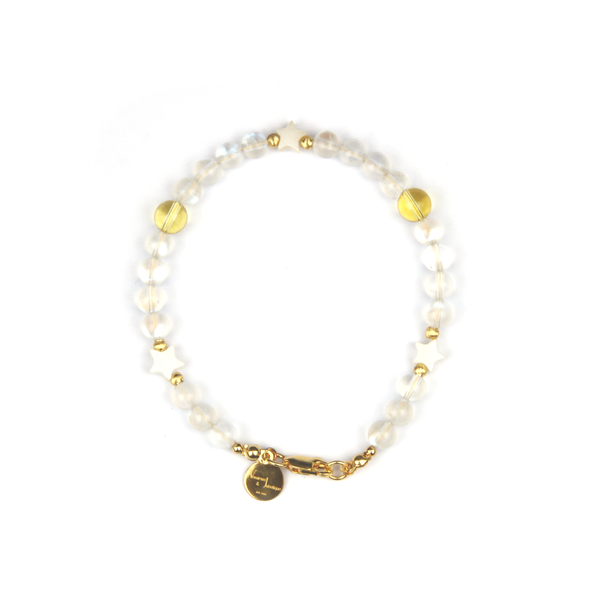 blue moonstone with star shape mother of pearl and citrine and 18k gold threaded cats eye bead bracelet for women gift for girl friend