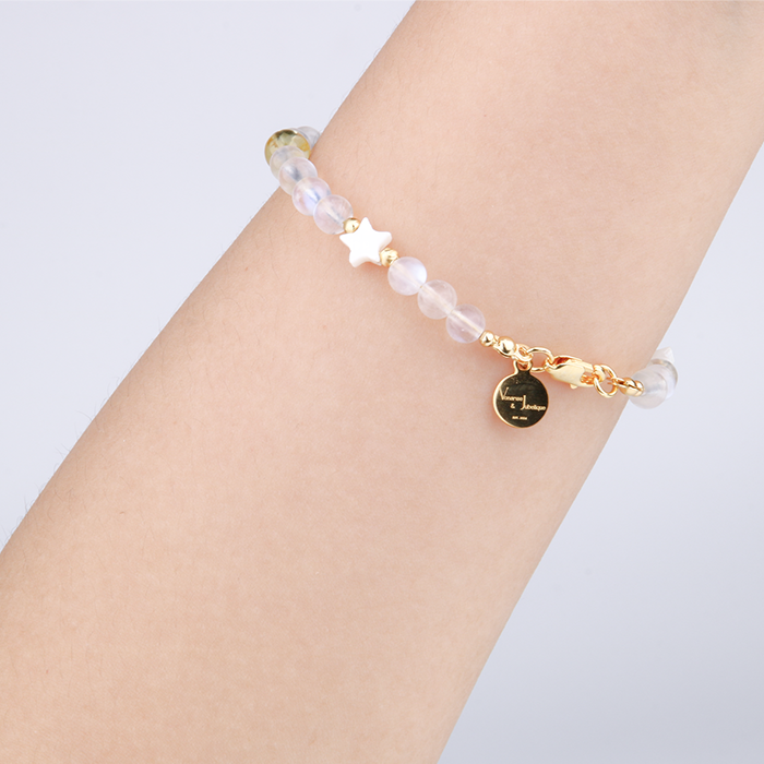 blue moonstone with star shape mother of pearl and citrine and 18k gold threaded cats eye bead bracelet for women gift for girl friend