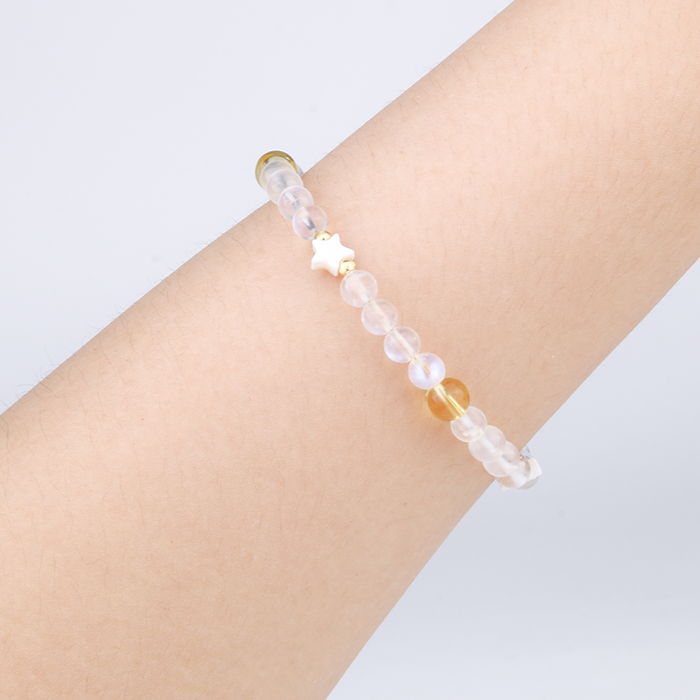blue moonstone with star shape mother of pearl and citrine and 18k gold threaded cats eye bead bracelet for women gift for girl friend