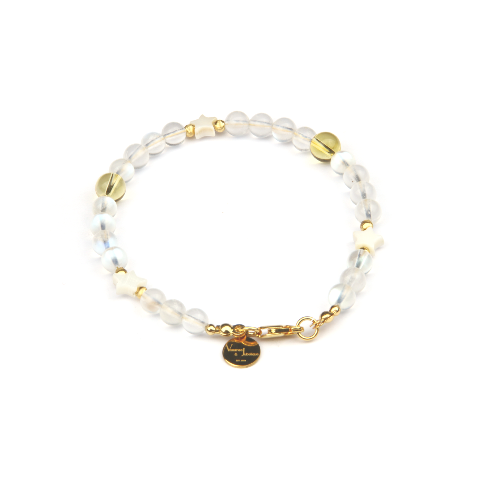 blue moonstone with star shape mother of pearl and citrine and 18k gold threaded cats eye bead bracelet for women gift for girl friend