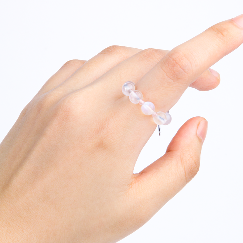 small natural beaded crystal ring with blue moonstone and strawberry rose quartz