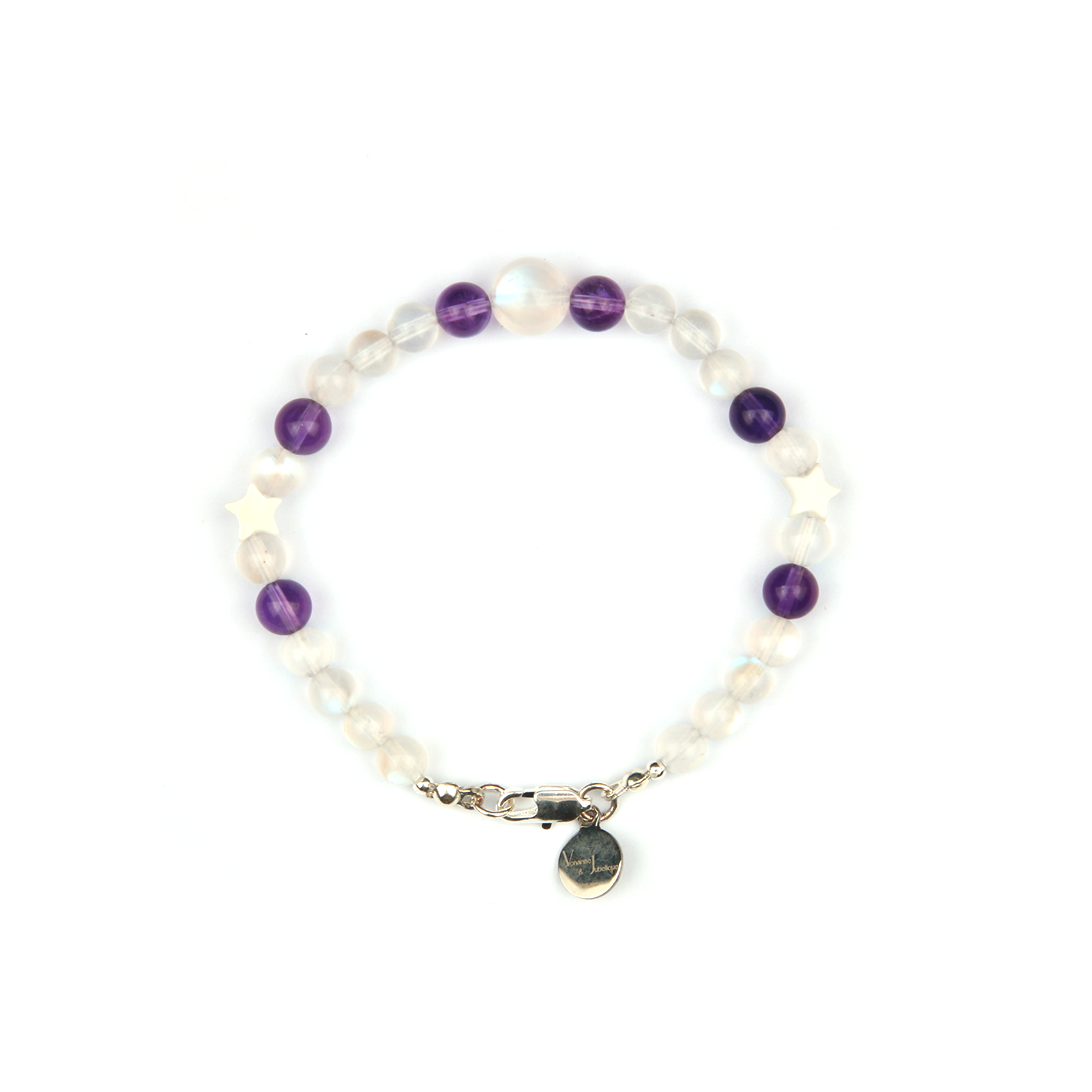 blue moonstone with uruguay amethyst and star shape mother of pearl bracelet