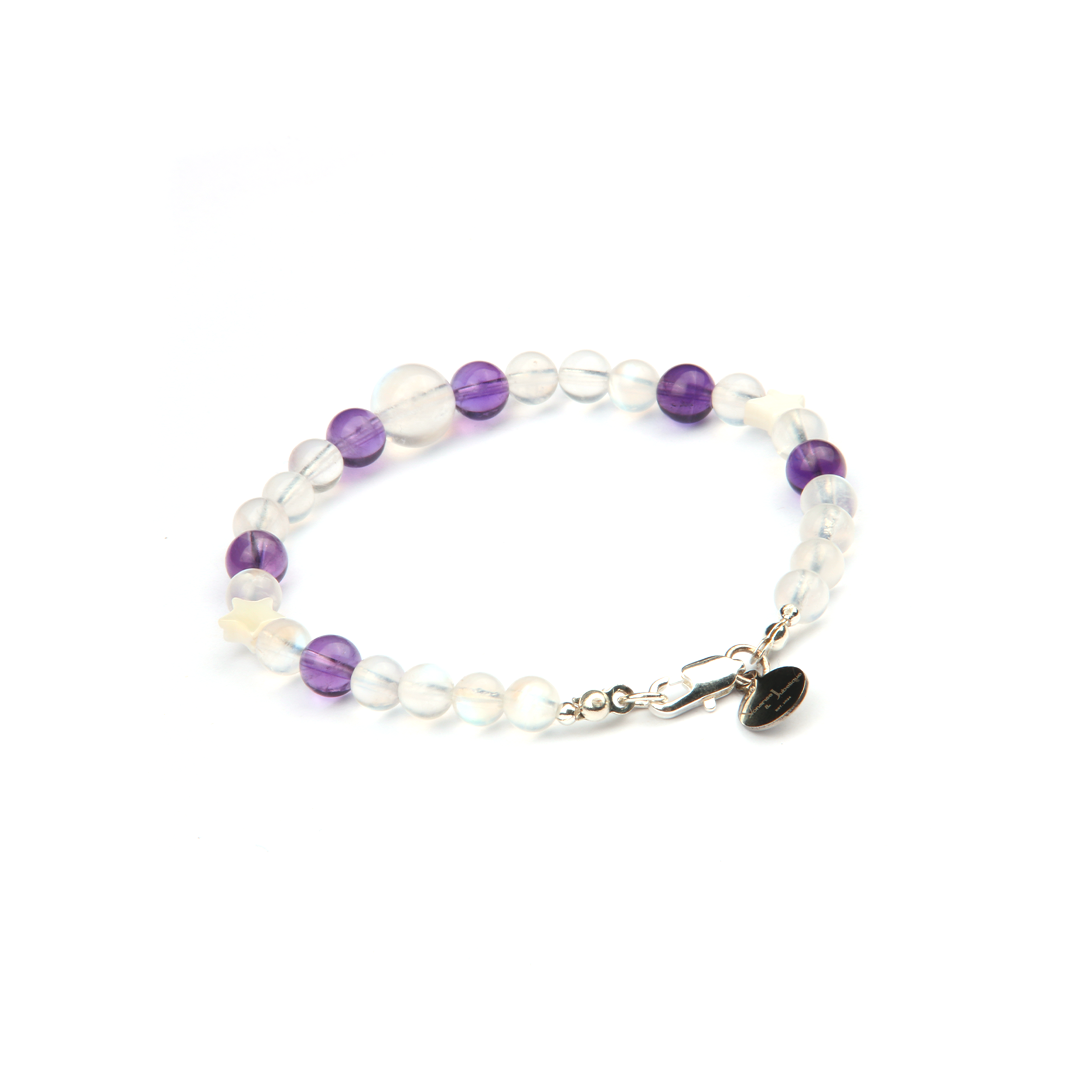 blue moonstone with uruguay amethyst and star shape mother of pearl bracelet
