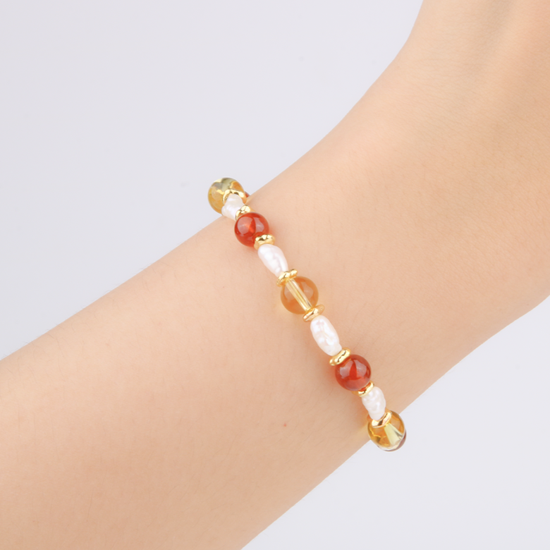 citrine with mandarin garnet and fresh water pearl 18k gold raw shape bead bracelet for women gift for best friend