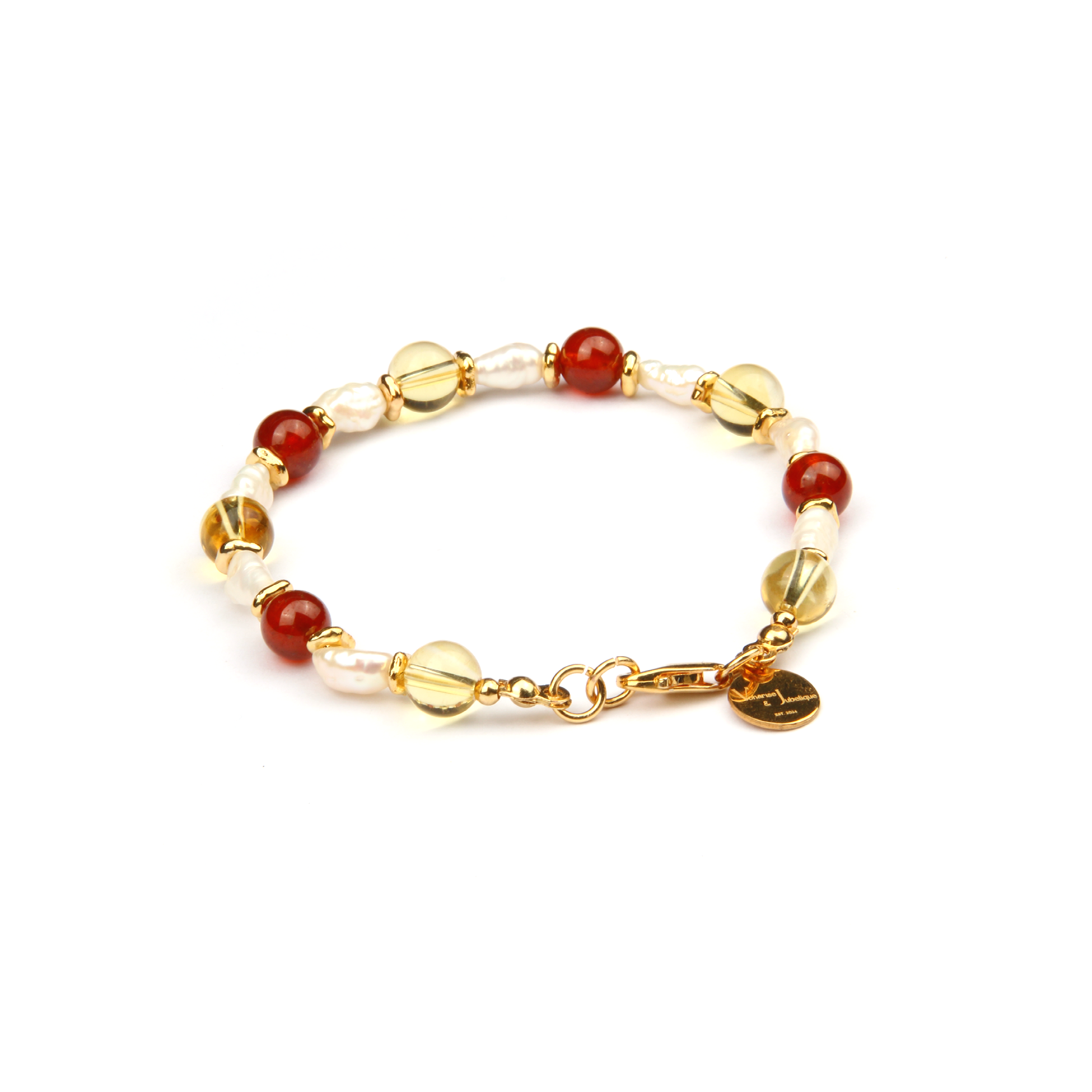 citrine with mandarin garnet and fresh water pearl 18k gold raw shape bead bracelet for women gift for best friend