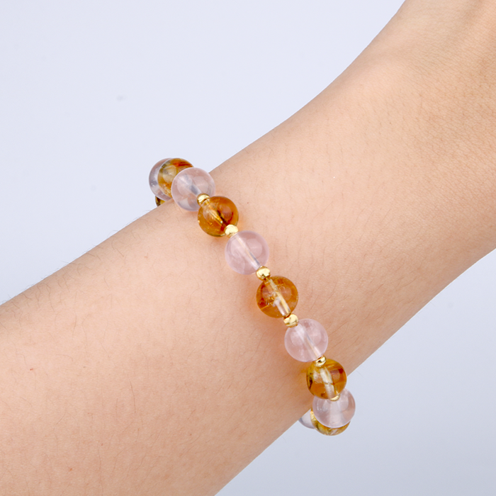 citrine with starlight rose quartz and 18k gold cat_s eye threaded bead bracelet for love and abundance attraction women gift for girl friend