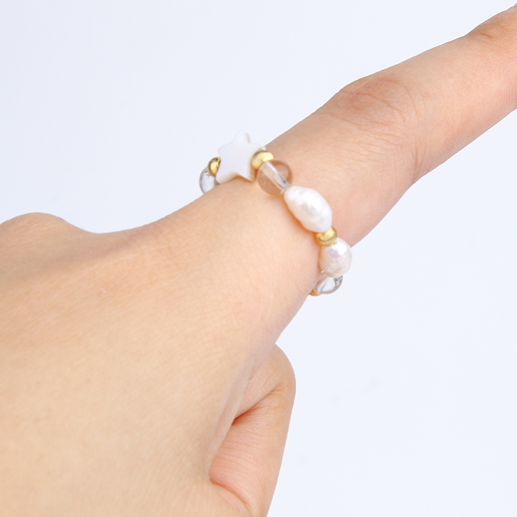 star shape mother of pearl with pearl and clear quartz with 18k gold cats eye threaded beads natural minimalist beaded ring
