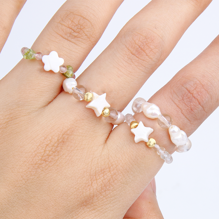 fresh water pearl with mother of pearl clear quartz beaded ring