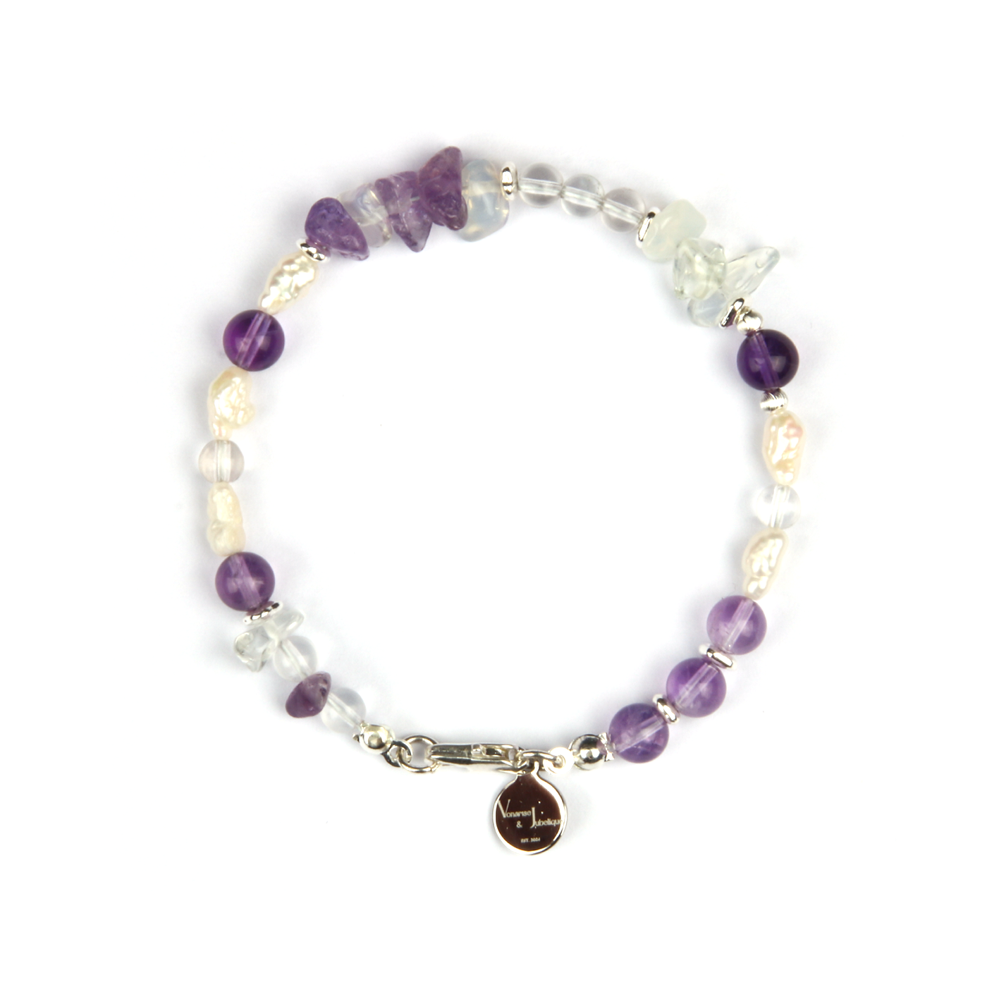 Elegant bracelet with freshwater pearls, 925 silver threaded cat’s eye beads, raw-shaped silver beads, opal, amethyst, and clear quartz