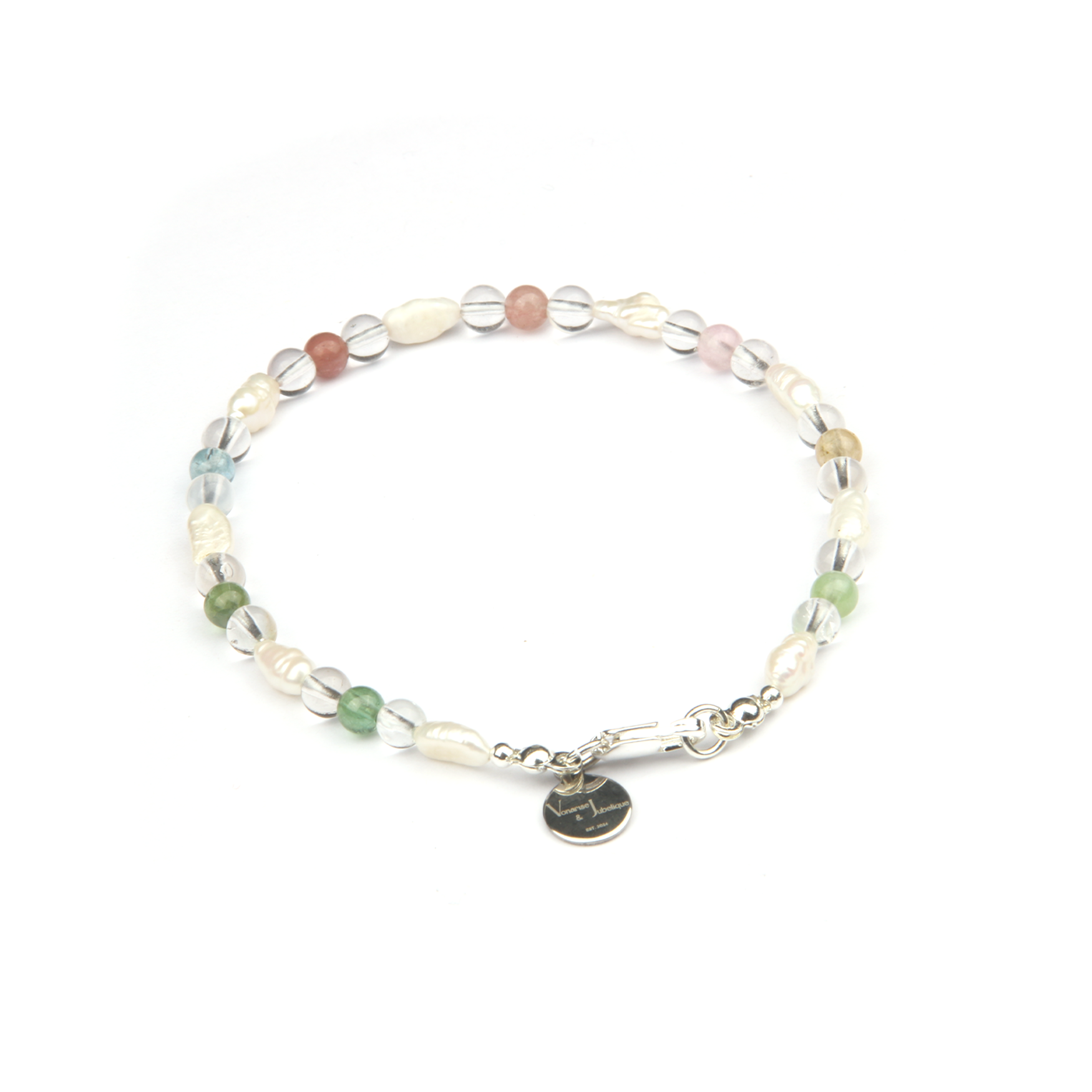 fresh water pearl with 6mm rainbow tourmaline with 5mm clear quartz bracelet for women gift for girl friend