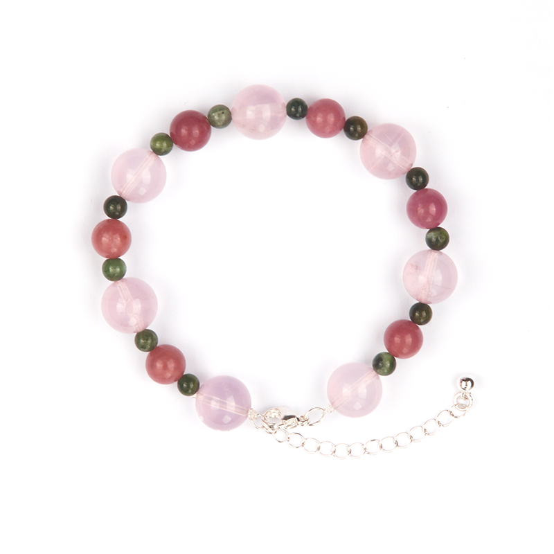 pink and green tourmaline with starlight rose quartz crystal bracelet for love attraction and energy protection