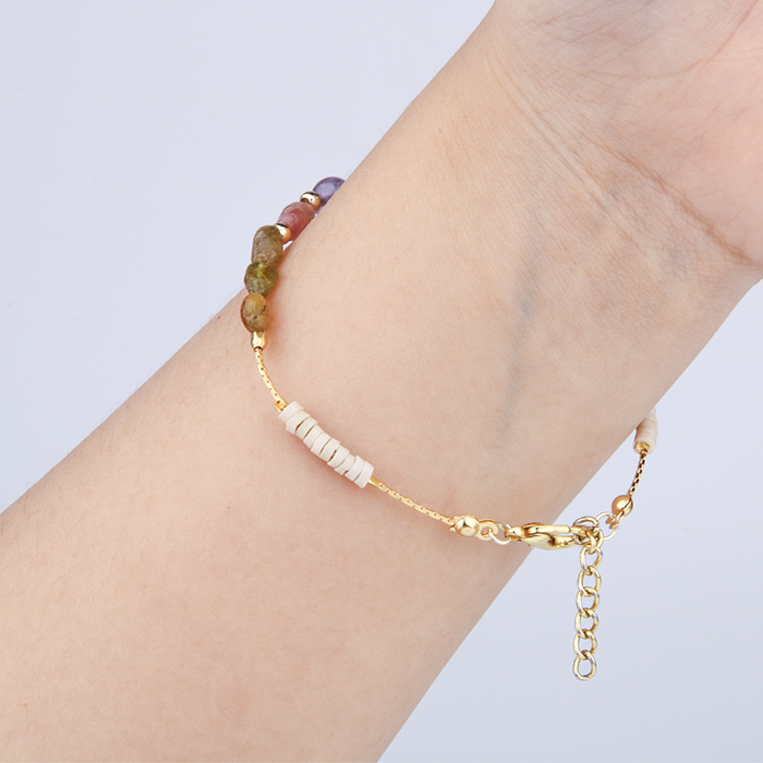 pink and green raw tourmaline shpae crystal with 18k gold chain and beads and white pottery slides braclet for women energy protection crystal bracelet